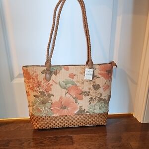 Brand New Coldwater Creek Floral Tote Bag with Braided Handles